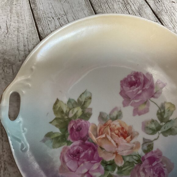Vintage Germany Porcelain Handled Cake Plate Floral Rose Motif Pastels 9" - Picture 3 of 5